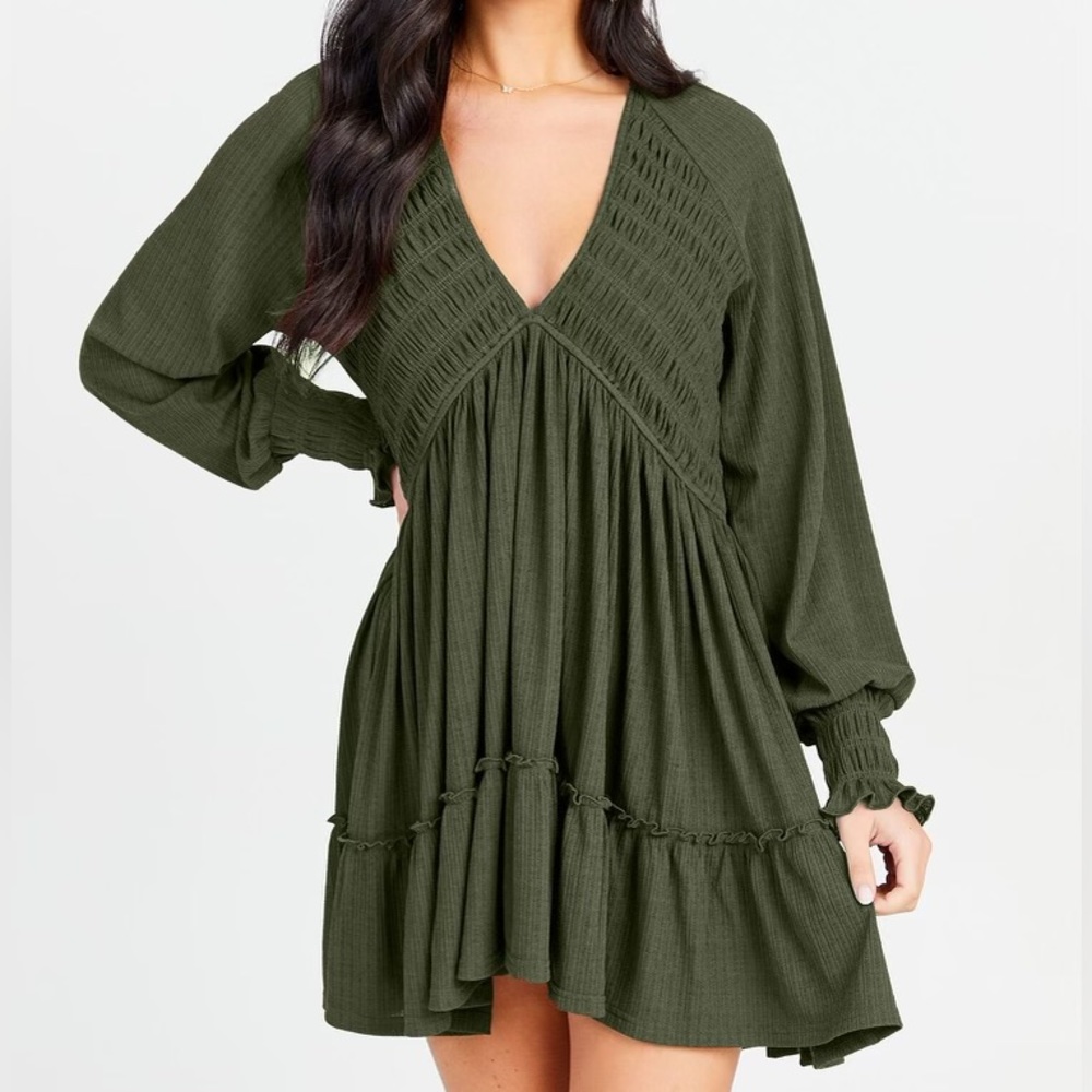 Altar’d State - Dana Smocked Long Sleeve Mini Dress in Olive (NWT) - Size : XS
